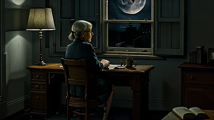 edward hopper style, very old woman sitting at a desk in the far corner of a very large room, night time, moonlight streaming through the window