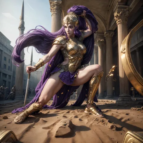 (best quality,4k,8k,highres,masterpiece:1.2),ultra-detailed, 1woman, 1woman, Greek goddess Athena, purple hair, wearing golden hoplite armor with helmet, attacking pose, wielding a sear, looking at the viewer, wise, impressive, seductive eyes, in front of ...