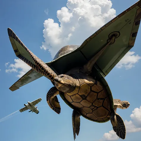 Turtle flying next to a plane 