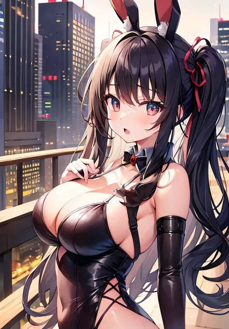 masterpiece、best image quality、ultra high resolution、teenage girl with big breasts、twin tail hairstyle、black hair、red face、shyly、Open your mouth just a little、Bunny girl uniform that shows cleavage、rabbit ears headgear、beautiful feet、skyscrapers at night、a...