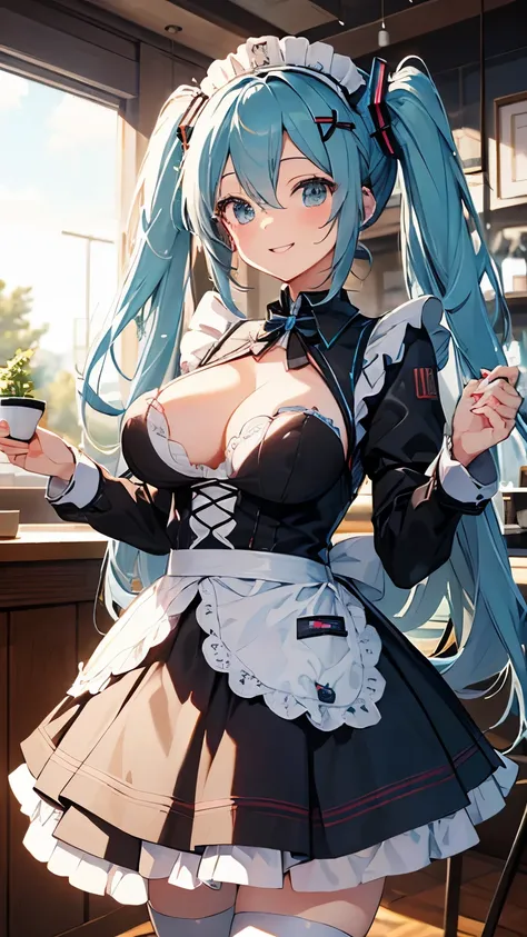 masterpiece, High-definition ,sharp outline,Hatsune Miku,very cute android ,mechanical and fluffy maid uniform with super detail,middle tits,goddess smile,silver round tray,in the coffee shop