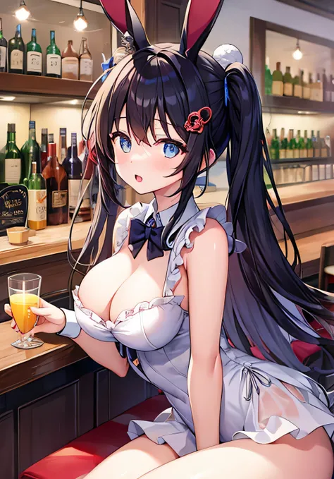 masterpiece、best image quality、ultra high resolution、teenage girl with big breasts、twin tail hairstyle、black hair、red face、shyly、Open your mouth just a little、Bunny girl costume that shows cleavage、rabbit ears headgear、beautiful feet、Inside the bar with a ...