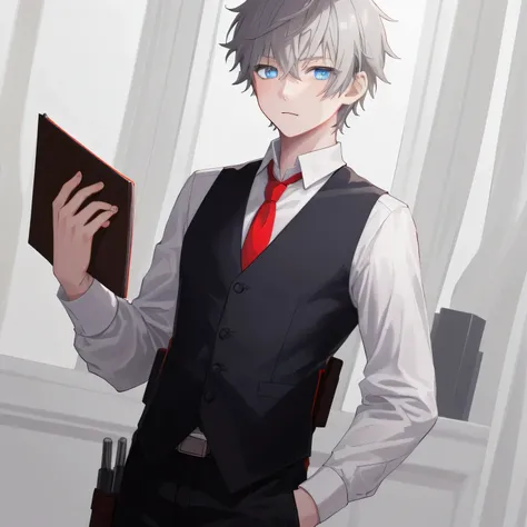 1boy, anime, younger, gray_short_hair, blue_eyes, red_loose_necktie, shoulder_holsters, loose_black_vest, white_dress_shirt, bronze_accents, holding_a_notebook, white_background, looking_at_viewer