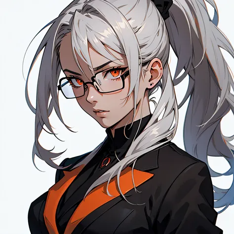 anime art, masterpiece, highest quality, by professional artists, woman, alone, upper body full body portrait, Detailed configuration, fine eyes, (((white background))), secretary, long gray hair, ponytail hairstyle, (((wearing a black suit))), orange eyes...