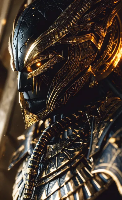 (best quality, masterpiece:1.2), photorealistic side portrait of unholy horus with stargate style armour, golden intricate detailing, glowing eyes, large fangs and wearint a golden nemes. intense glowing eyes