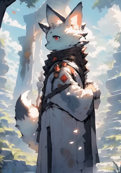 (best quality, highres, masterpiece:1.3), ultra-detailed, (realistic:1.37), character: fox-human hybrid with white fur, red pupils, wearing a long white robe with cyan cloud patterns:1.2, posture: standing straight, hands folded, looking at the camera:1.0,...