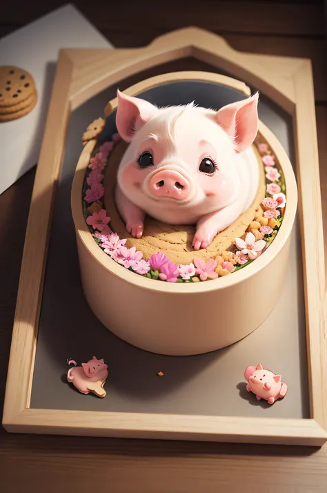 cute pig, Illustration, No background, anime, eating, cookie, in flower frame