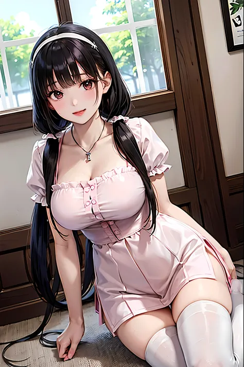 (masterpiece,best quality),(alone),1 woman,(we say:1.2),(whole body:1.2),standing,lean forward,Bent,(low tie_long_hair:1.3),(low twintails:1.2),(black hair), dress, ribbons,hair ribbon,very long hair,hair ornament,hair flower, laugh, looking at viewer, pi...