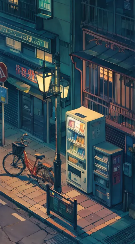 (best quality, masterpiece:1.2), lo-fi isometric illustration of a corner street, street lamp, vending machine, parked bike