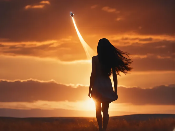 Les cheveux flottent dans les airs, back view, Regarde le soleil, Il y a un vaisseau spatial dans le ciel, Trois soleils, Un aux cheveux noirs, fille de 12 ans, Debout dans la steppe, paysage, univers, 8K, Great detail