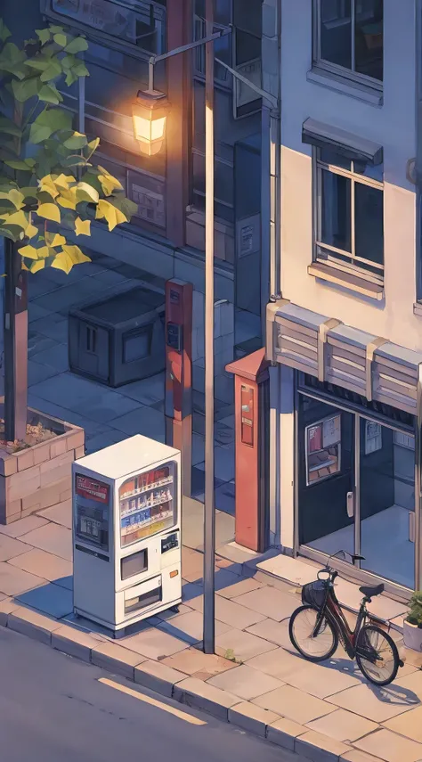 (best quality, masterpiece:1.2), lo-fi isometric illustration of a corner street, street lamp, vending machine, parked bike