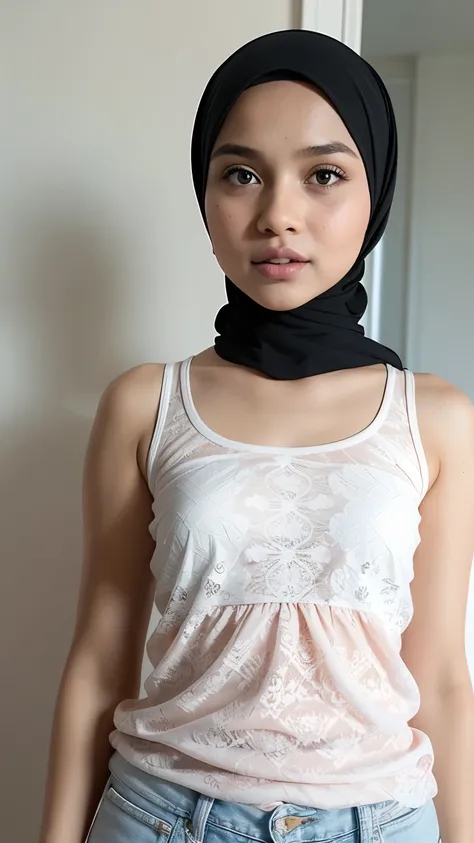 (Wearing Pastel tank top), (((HIJAB MALAY GIRL))), masutepiece, High quality, UHD 32K, Realistic face, Realistic skin feeling , A Malay Lady, 8 years old, , Very cute and baby-like face, (((FLAT CHEST))), (MATRIX WORLD), ((look In front  at the camera and ...