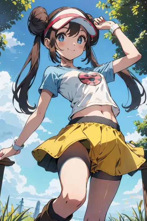 table top、highest quality、High resolution、1 girl、solo、short height、thin legs、belly button、shy smile、tits、dark brown hair、bun hair、blue eyes、long twin tails、visor cap、((black knee socks、boots))、raglan sleeves、white panties、((short yellow shorts))、shirt、pink...