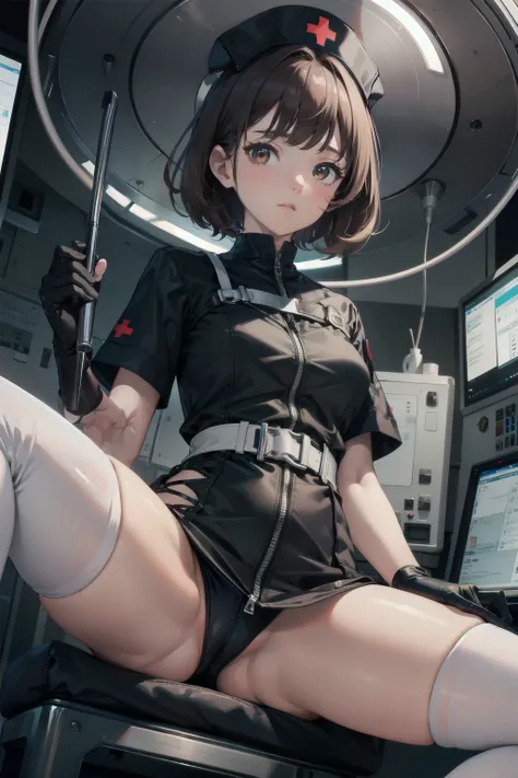 black nurse, 1 female, alone, black nurse cap, Blackware, ((White legwear)), black elbow gloves,brown hair, brown eyes,  spread legs, ((operating room)), sharp outline, short sleeve, young woman, 20-year-old, highest quality, masterpiece、Photo from below