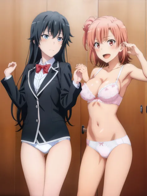 2 girls , Yukinoshita Yukino , Yuigahama Yui , waltz dance , underwear,,white panties,Peach-colored panties,