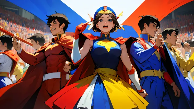 Superheroes wearing the colors of the Philippine flag, being cheered on by a crowd. 