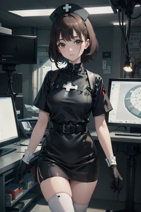 black nurse, 1 female, alone, black nurse cap, Blackware, ((White legwear)), black elbow gloves,brown hair, brown eyes,  Are standing, ((operating room)), sharp outline, short sleeve, young woman, 20-year-old, highest quality, masterpiece