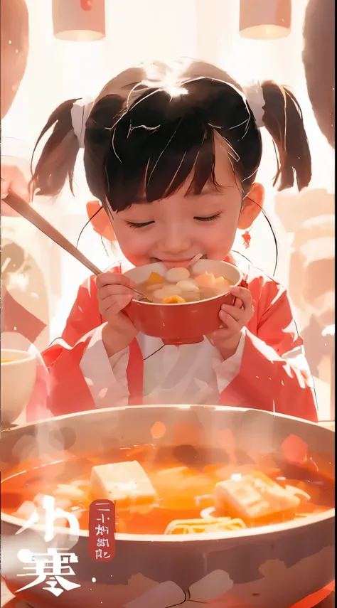 A girl is eating hot pot，Happiness，Honghong hot pot，Chinese elements，Chinese little girl