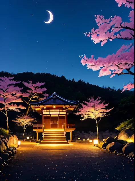 Here are the images of the Taki-zakura in Miharu, Fukushima Prefecture, under the gentle illumination of a crescent moon at night. They aim to capture the enchanting beauty of this scene.