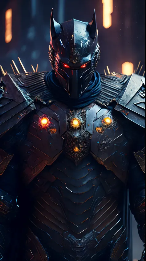 breathtaking cinematic science fiction photo of a portrait of a blackedout Dark knight, metal skin, body full of spikes and glowing metrics inside, glowing multicoloured eyes, multifaceted eyes, metallic arms, inside a destroyed building, extremely menacin...