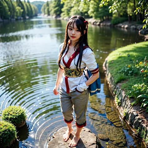 (masterpiece, best quality:1.2), (8k uhd, 16k, 32k, ultra high res), (photorealistic:1.4), Standing, poised by the shining lakeside water with a view of the castle, elf, , skinny body, flat chest, 1 girl, Clear stream deep in the mountains、drop down、bathin...