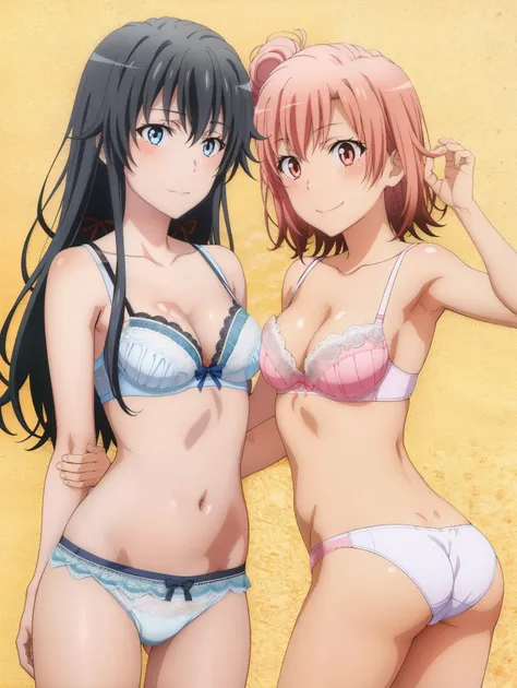 2 girls , Yukinoshita Yukino , Yuigahama Yui , waltz dance , underwear,,white bra,white panties,pink bra,Peach-colored panties,