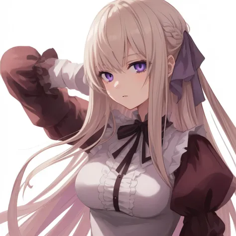 1girl, anime, beige_hair, violet_eyes, medium_breasts, sadistic, noble_dress, white_background, looking_at_viewer