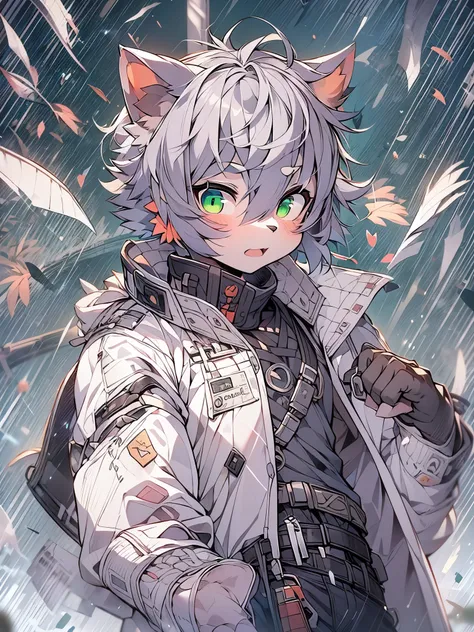 Cat，Gray hair and green eyes，and white coat color，horny boy，combat uniform，shorter pants, wind element，hairy，Bullets are raining down，fighting stance，future war