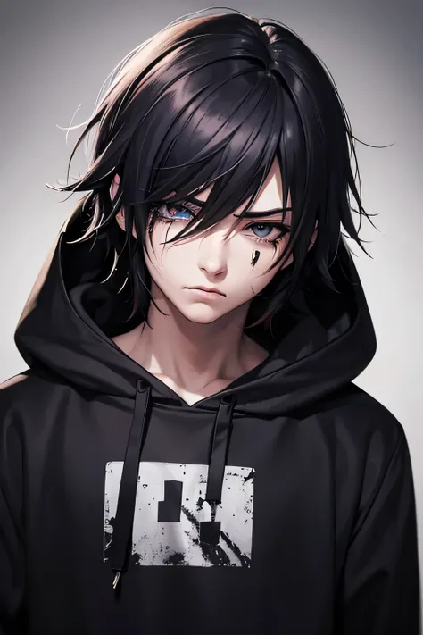 anime, semi-realistic, young adult, emo, cute, edgy, hoodie, male, rockstar, portrait, eyeliner, eye shadow, sad, crying, emotional, gloomy, dark, looking down