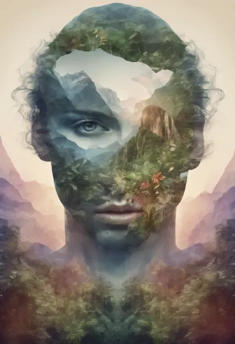 Dubrec style，Beautiful close-up of face，Jungle mountains image foreground，（multiple exposure：1.8），Complex illustrations in surreal art style，The surreal dream is so shocking 32k