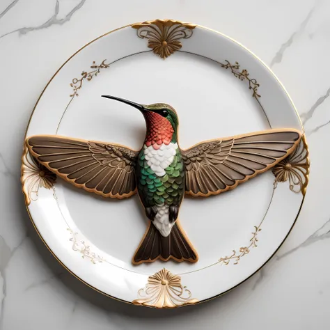 Masterpiece in maximum 16K resolution, superb quality, close up of an elegant decorative plate with a giant (hummingbird-shaped cookie), the plate is made of finest porcelain and has otherworldly eerie design, and positioned on an empty white table with go...