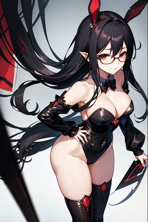 "anime girl, 1 person, black hair, shoulder length hair, red eyes, glasses, white horns, black bunny suit, black bunny girl,black bunny suit, big breasts, high heels, blushing, lewd face, smile ,standing  cross-legged, viewed from different directions, rab...