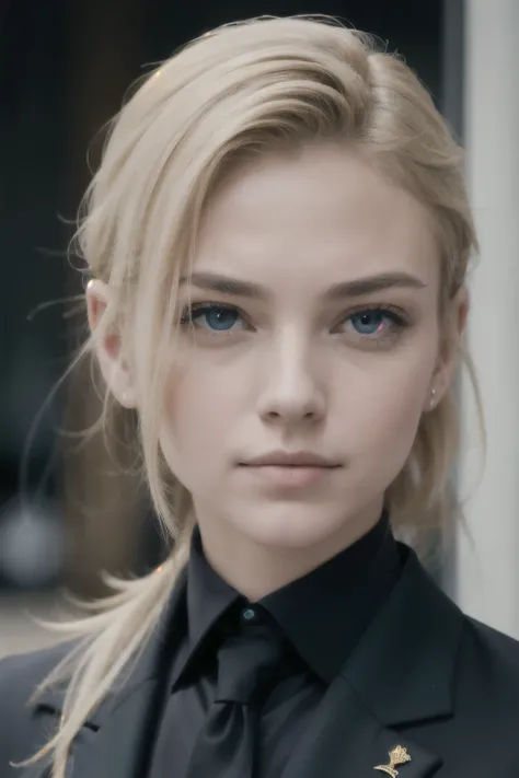 portrait of european girl,solo,20yo,beautiful face,uppser body,hair over one eye,medium sidecut, blonde hair, sharp focus,black business suit