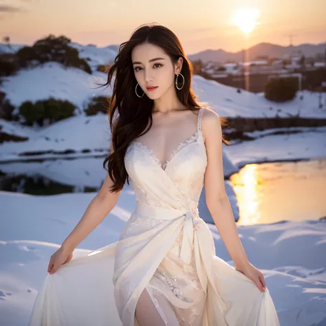 ((top quality、8k、​Masterpiece:1.3))、Extremely delicate and beautiful girl，full-body shot，huge breasts，bigger breasts，amazing breast size，H cup，long skirt，Sunset，sunset，white snow。Wear big earrings，Very white skin，moist red lips，Waist is very thin，Thighs ar...