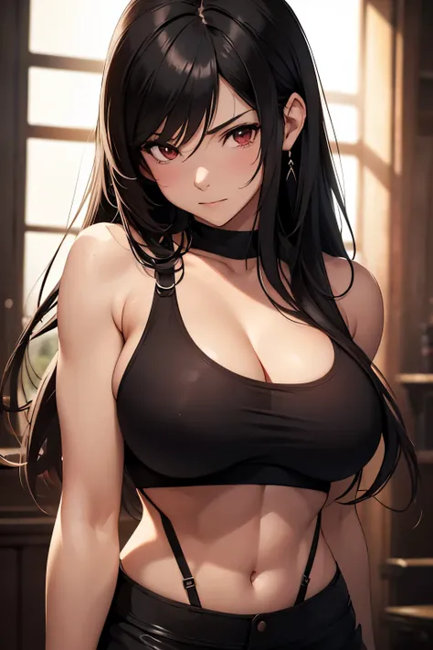 Tifa Lockhart from Final Fantasy, glossy skin, well-defined abs, long black hair, white sleeveless shirt, ample bosom, captivating and alluring, wearing a sports bra, delicately touching her breast, bashful expression, embarrassed, in a sensual pose. (best...