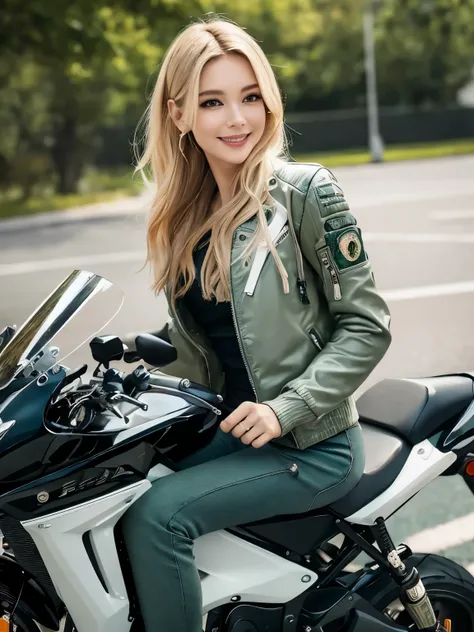 ((highest quality)), ((masterpiece)), (detailed motorcycle), perfect face、Accurate five-fingered hands、double eyelids、small face、blonde、realistic skin texture、full body shot、long legs、Beauty、((green jacket and pants))、smile、slender body、Moist eyes、((spread...