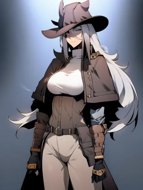 Cowgirl, bounty hunter, long slick grey hair, cowgirl clothes, berfect breast, fantasy 