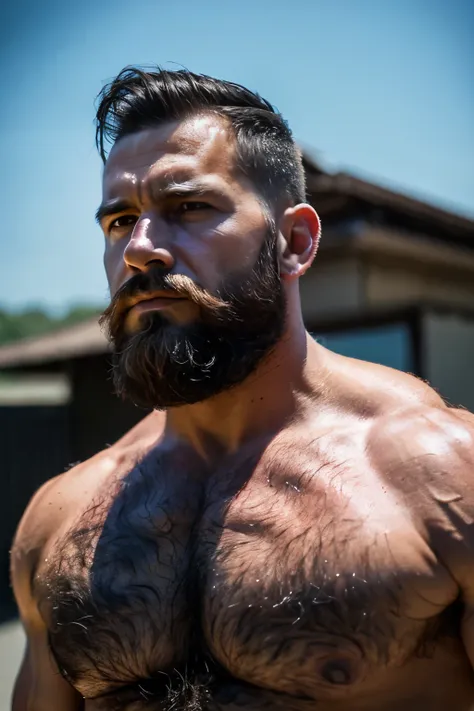 Atractive 40 year old bearded muscular man, undercut haircut, hairy chest, penis, wearing nothing, standing outside , cinematic, photorealistic, detailed, foolbody shot ((best quality)), ((masterpiece)), (detailed), perfect face