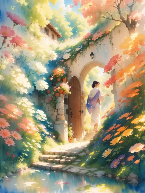 watercolor art, In this ethereal scenery, Dreams and reality are intertwined. The air is filled with the intoxicating fragrance of flowers, Exquisite perfume symphony. Flowers seem to release the soul, Their essence blends with the fragrant breeze that car...