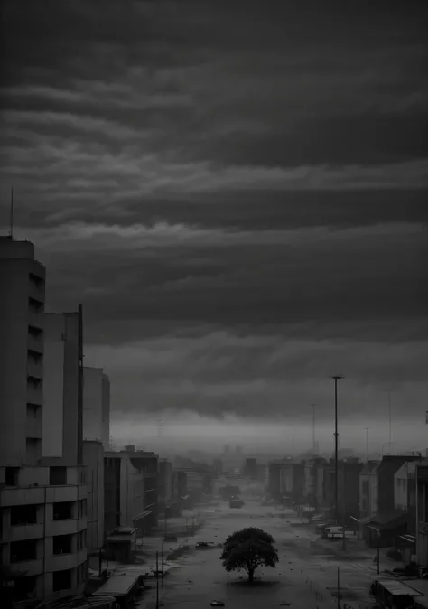 cidade devastada, Post-apocalyptic, cloudy and gloomy sky, fog, (zumbis vagando pela cidade), far view, sepia coloring, ishéus-bahia,