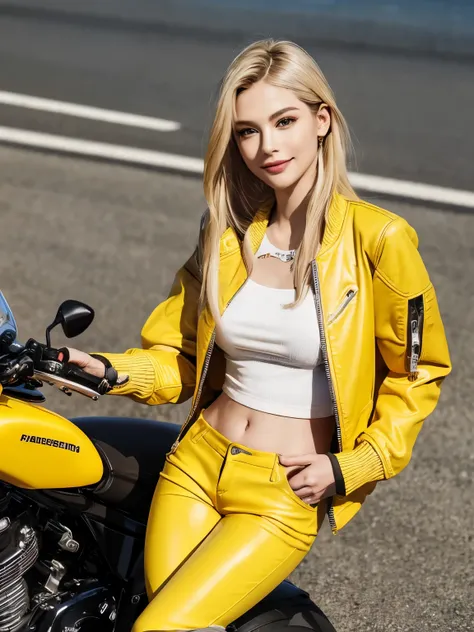 ((highest quality)), ((masterpiece)), (detailed motorcycle), perfect face、Accurate five-fingered hands、double eyelids、small face、blonde、realistic skin texture、full body shot、long legs、Beauty、((yellow jacket and pants))、smile、slender body、Moist eyes、((sprea...