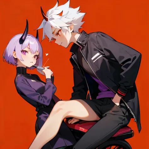 High quality, nice,(Anime style) nice cup,(two people)((a boy and a girl)) Cute girl with short and purple hair, purple eyes, female with a sculpted body, cute face, short dress..... A boy with red skin and white hair, a demon with small black horns, orang...