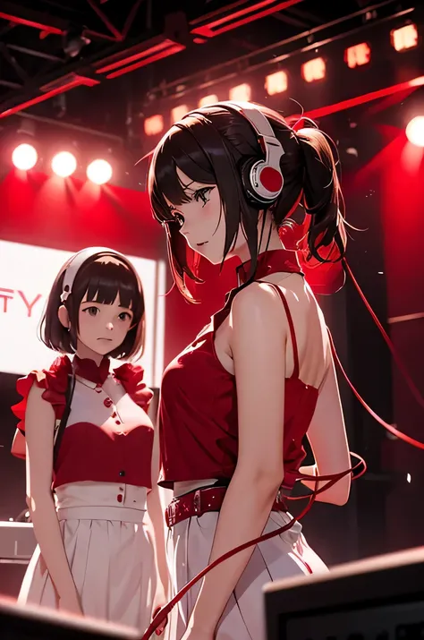 three girls in red clothes、headphones、stage