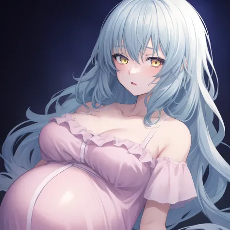 1girl, anime, blue_medium_fluffy_hair, gold_eyes, medium_breasts, medium_pregnant_belly,  nightgown, hurting, white_background, looking_at_viewer