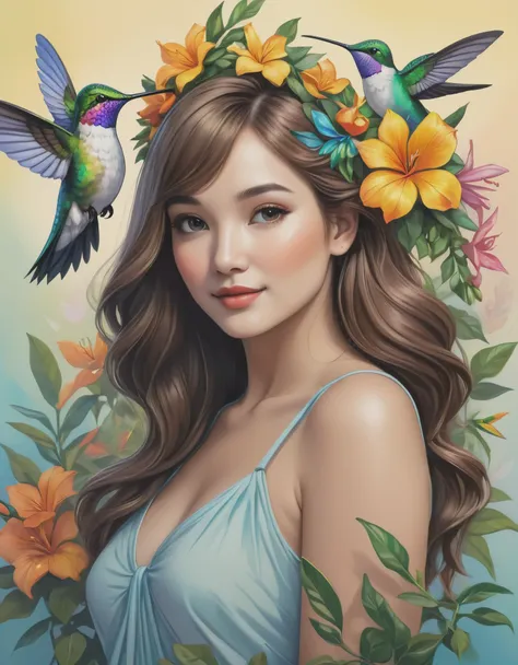 A beautiful artistic illustration，Beautiful girl posing with hummingbird，portrait，Garland decoration，Environmental protection theme，soft，line art，The line of the process，oil pastel art