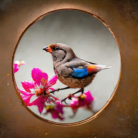 "sparrow bird with open wings perched on a cherry blossom branch, wings spread upwards", style-glass, ((epic tmasterpiece, ultra...