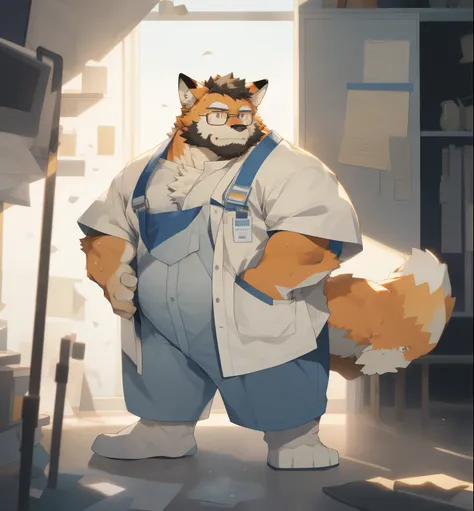 hairy，（fox，white lab coat，blue baseball pants，Black-rimmed glasses，stand by the window，light），beard，orange and white fur，male，Common，full-body shot， dynamic poses，wet clothes，sweat，Breathing heavily，sweat a lot，Sunlight，Detailed background，极其lifelike阴影，mas...