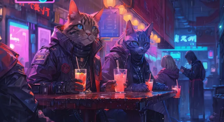 (best quality, masterpiece:1.2), rainy cyberpunk tavern with cyborg cats drinking from glowing glasses