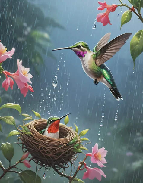 beautiful hummingbird，bird&#39;s nest，rain林，art illustration，rain，flowers，artistic aesthetics