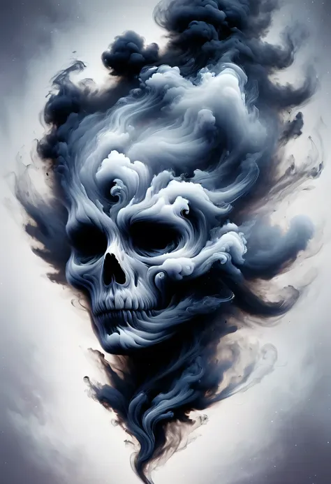 smoky art, skull face, smoke face skull, dark gray silhouette of a skull face that floats in the space between top and bottom an...